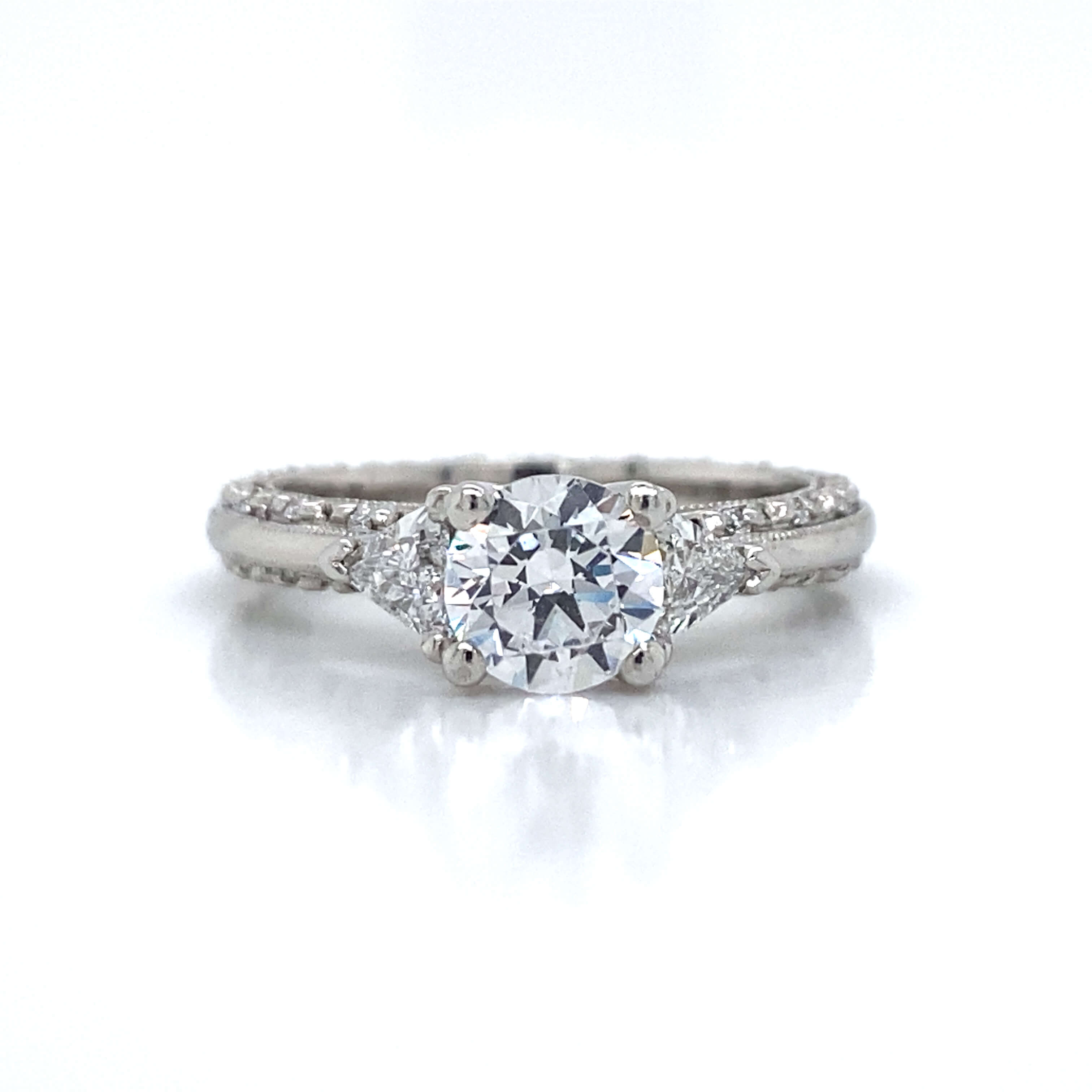 Tacori Three Stone Trillion Pave Set Engagement Ring in Platinum Robert Palma Designs