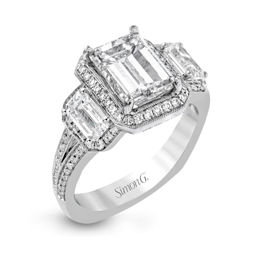 Emerald - Cut Three - Stone Halo Engagement Ring In 18k Gold With Diamonds - Simon G. Jewelry