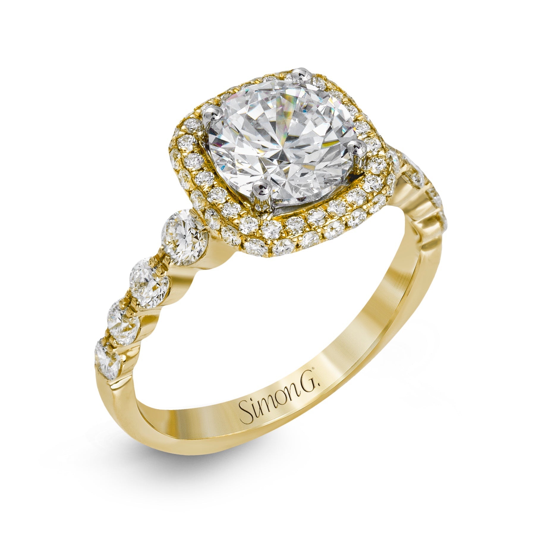 Round - Cut Double - Halo Engagement Ring In 18k Gold With Diamonds - Simon G. Jewelry