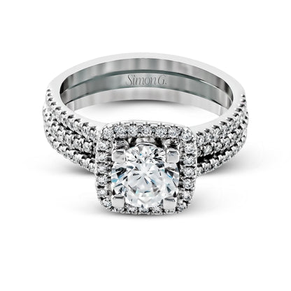 Round-cut Halo Engagement Ring & Matching Wedding Band in 18k Gold with Diamonds