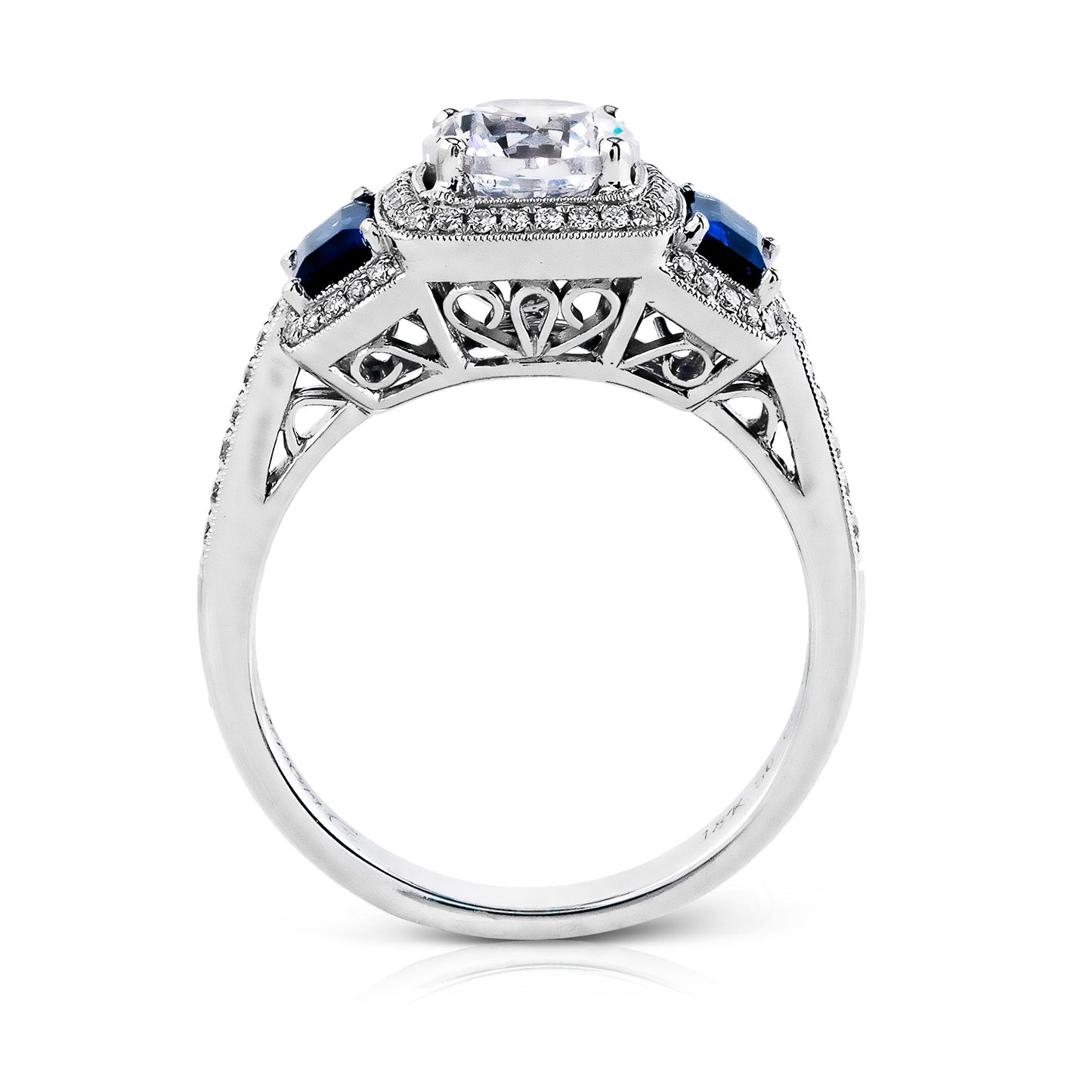 Round-Cut Three-Stone Halo Engagement Ring In 18k Gold With Diamonds & Sapphires